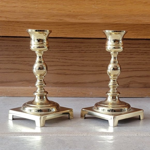 Pair of Vintage Georgian Polished Brass 5" Candle holders with Square Base New - Picture 2 of 12